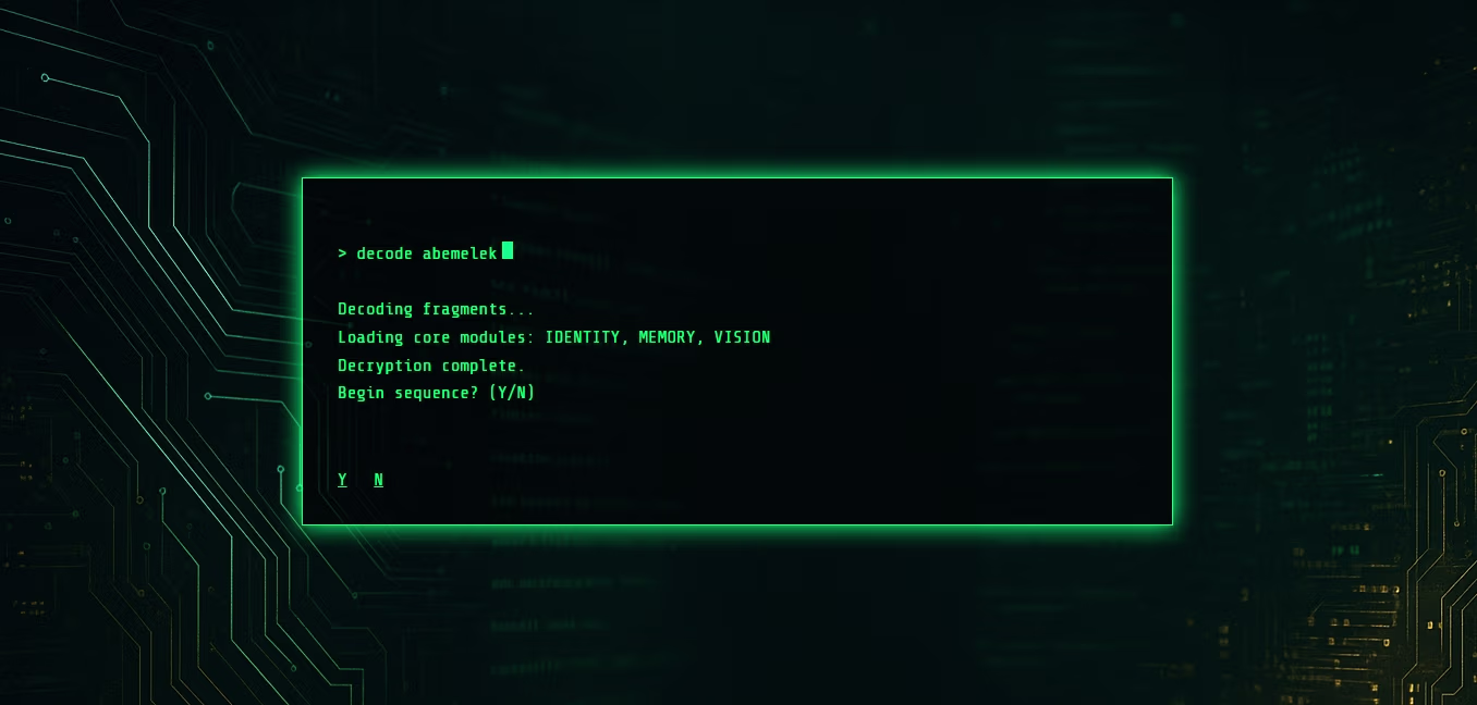 Command-line styled interface decoding 'abemelek' 
                        with prompts loading